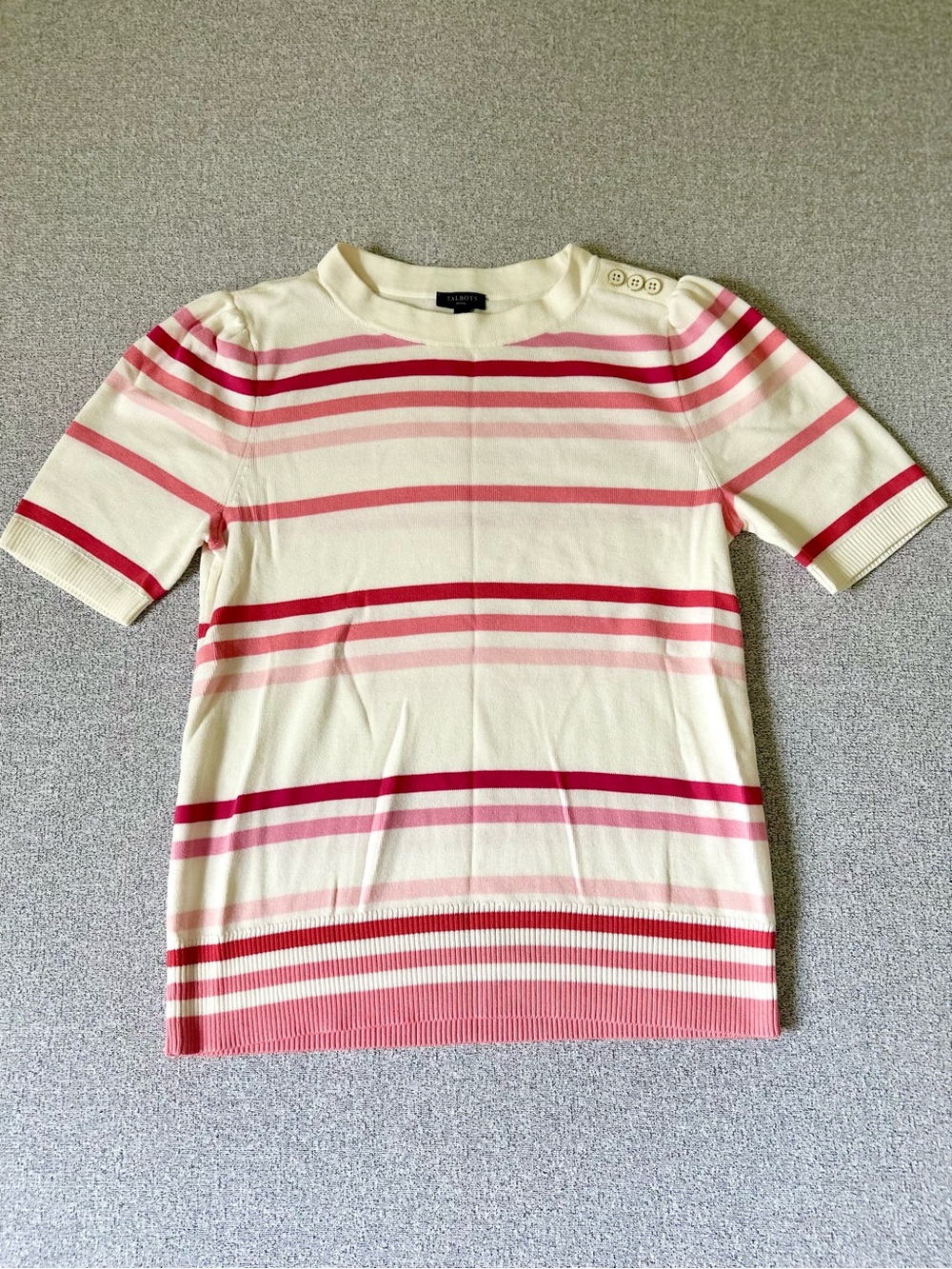Talbots Striped Short Sleeve Knit Sweater Top Button Shoulder Pink Red Cream MP